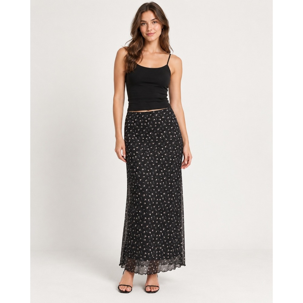 Ardene Maxi Skirt XS Black Floral Mesh Overlay Lettuce Hem 90s Grunge Whimsygoth